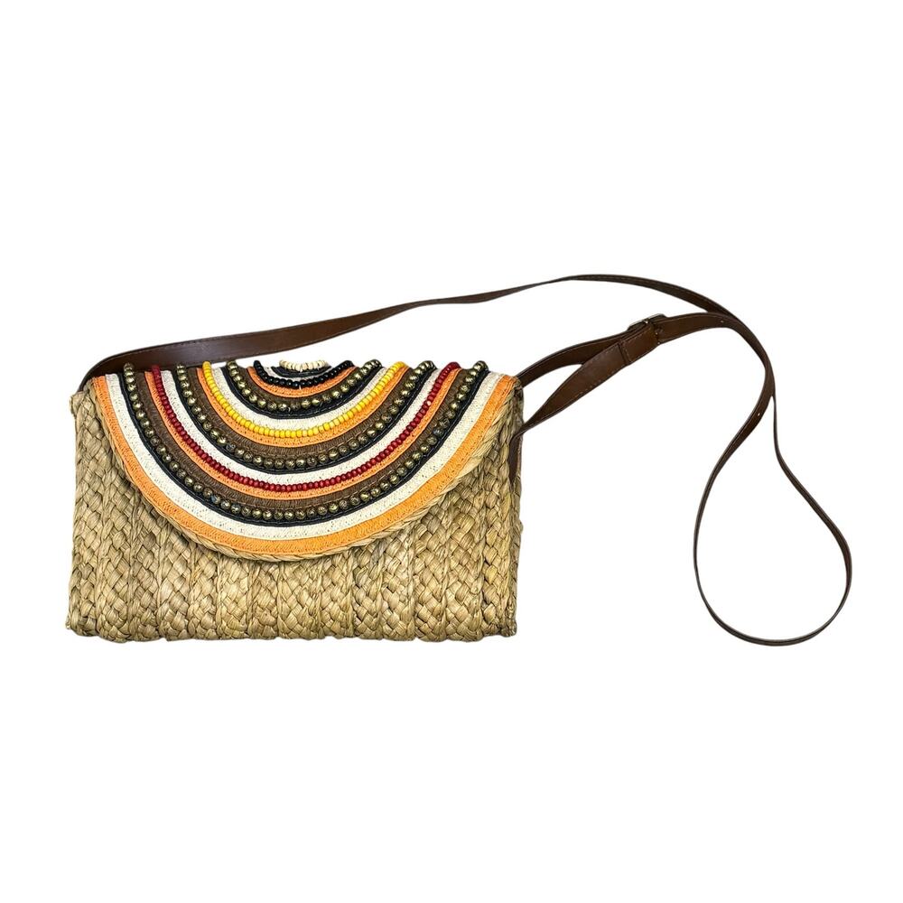 Sun and Sand Wicker Beaded Flap Closure Shoulder Bag Purse